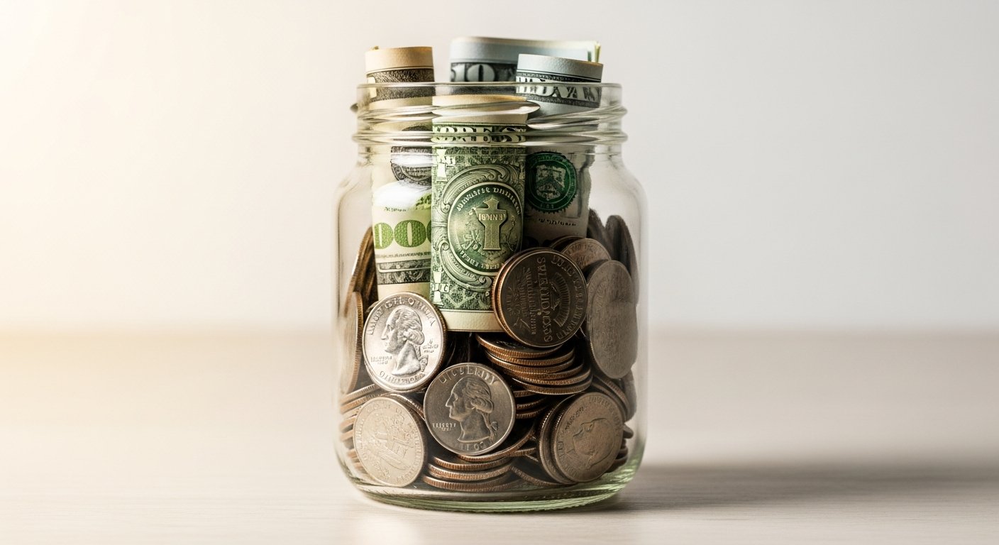 Glass jar filling with coins and rolled dollar bills, savings goal concept